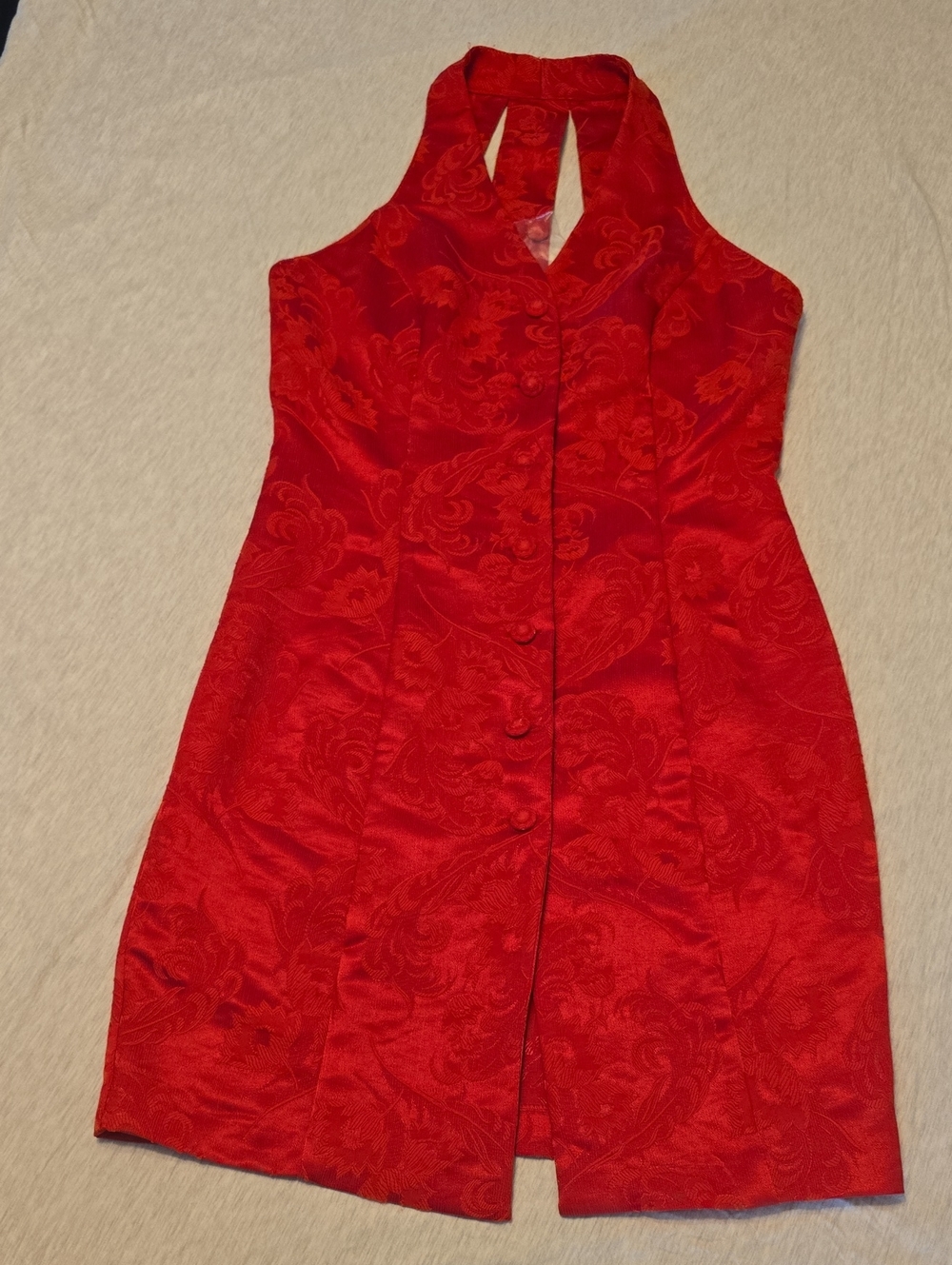 Red Jacquard Halter Button-Front Dress